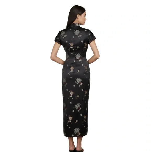 Vintage 90s SOLZ Squirrel Black Floral Satin Cheongsam Maxi Dress Size 34 Small